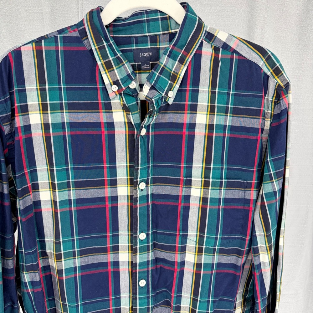 J.Crew Button Down Shirt Large Navy Green Plaid Cotton Long Sleeve Regular Fit